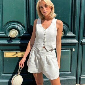 White Casual womens Button Front Vest Jacket & Shorts